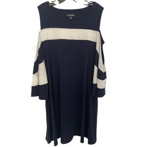 Nina Leonard Cold-Shoulder Navy & White Tunic Dress XL Flowing Sleeves, Pockets